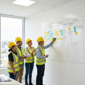 equipo de trabajo utilizando una pizarra para aplicar el Last Planner System