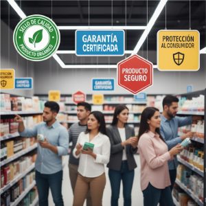 grupo de consumidores revisando productos, con señales de protección al consumidor