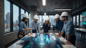 equipo de arquitectos e ingenieros trabajando juntos en un modelo digital 3D