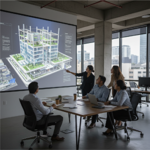 equipo de trabajo revisando en una pantalla de proyección gigante el modelo de construcción