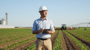 gerente agroindustrial supervisando la producción agrícola en el campo