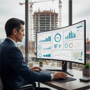 ejecutivo revisando un dashboard de Power BI, con gráficos de progreso del proyecto