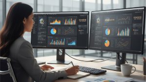 Analista de datos trabajando en Power BI, visualizando gráficos y dashboards interactivos en pantalla, mientras se prepara para tomar decisiones informadas