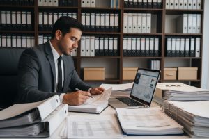 auditor interno revisando documentos financieros y registros