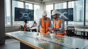 ingenieros revisando modelos 3D de infraestructura vial