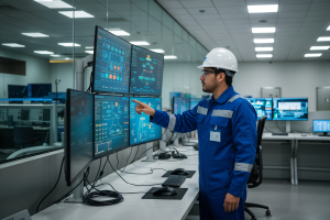 operador de planta supervisando un sistema de control industrial en una pantalla de monitoreo