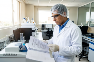 técnico de laboratorio revisando documentos de cumplimiento y regulaciones
