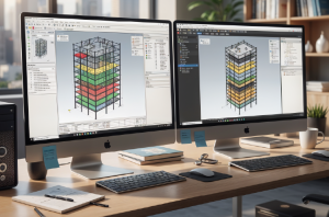 planos estructurales en computadora con modelos 3D de acero, mostrando pantallas con SAP2000 y ETABS en un entorno técnico