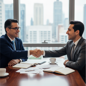 dos ejecutivos estrechando la mano frente a una mesa de negociación