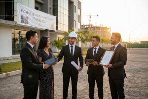 equipo de trabajo entregando proyecto inmobiliario