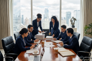 equipo de abogados corporativos revisando documentos legales