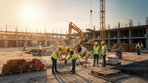 equipo de trabajo en una obra de construcción con máquinas y materiales visibles