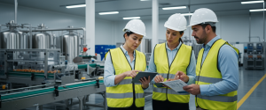 equipo de trabajo en una fábrica agroindustrial revisando estrategias 