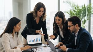 equipo de trabajo revisando gráficos financieros en una mesa de oficina, con calculadoras y laptops
