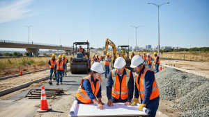 equipo de obra trabajando en conjunto, representando la coordinación entre equipos