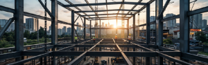 estructura metálica moderna con trabajadores supervisando una obra de acero, fondo con grúas y cielo despejado que resalta la magnitud del proyecto