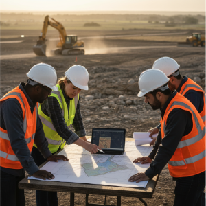 profesionales revisando datos de viabilidad de un terreno