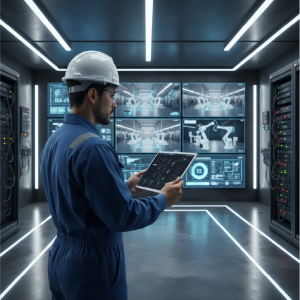 profesional utilizando tecnología IoT y SCADA para monitorear procesos industriales