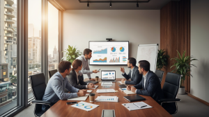 equipo de trabajo en una reunión empresarial, revisando gráficos financieros y planificación de flujos de efectivo