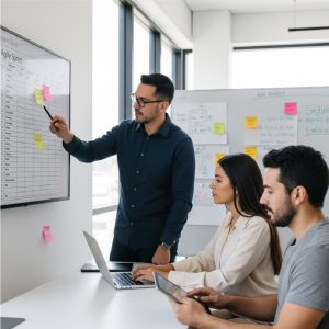 desarrolladores de software trabajando con metodologías ágiles y tableros de tareas