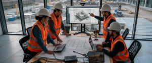 equipo de trabajo utilizando herramientas digitales en una tablet o computadora para gestionar un proyecto de construcción
