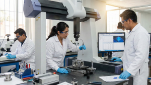 laboratorio de ensayo con técnicos trabajando en un equipo de medición preciso