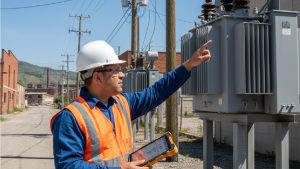 ingeniero revisando la instalación de una red eléctrica de distribución