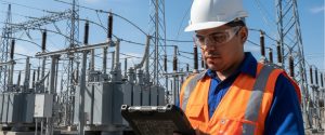 ingeniero trabajando en una subestación eléctrica, monitoreando el flujo de energía