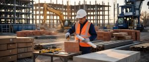 inspector revisando la calidad de los materiales en una construcción, con planos y herramientas visibles