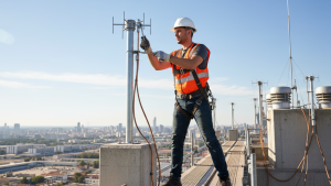 ingeniero instalando captadores de rayos en una estructura elevada