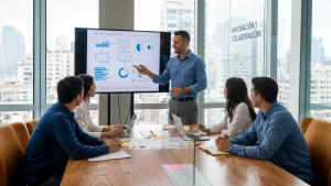 líder de proyecto en una sesión de trabajo interactiva con su equipo