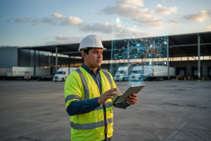 profesional revisando mapas de rutas de distribución en una pantalla