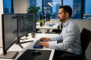 profesional trabajando con código de Python en una pantalla