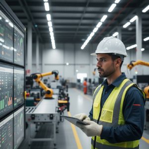 auditor industrial observando una pantalla de control de una planta industrial