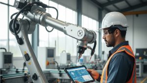 persona con laptop o tablero al lado de un robot industrial