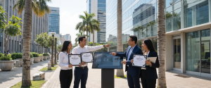 personas con su certificación personas viendo un edificio señalando un tablero