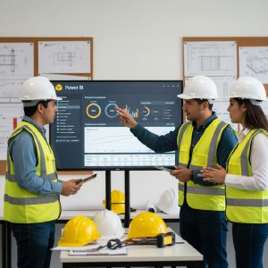 equipo de construcción viendo una pantalla con dashboards en Power BI, mostrando gráficos