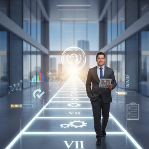 profesional estudiando para el examen, con laptop, apuntes y libros en una mesa