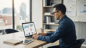 profesional de gestión de proyectos utilizando Power BI en una laptop