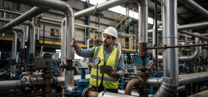 profesional visualizando instalaciones de tuberías en entorno industrial