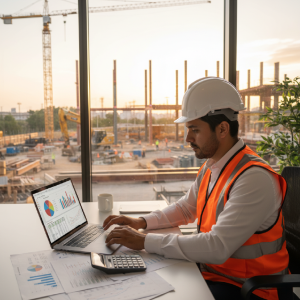 gestor de proyectos utilizando una calculadora y laptop para optimizar costos