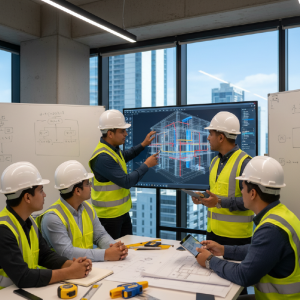 equipo de ingenieros y diseñadores trabajando en un modelo Revit MEP