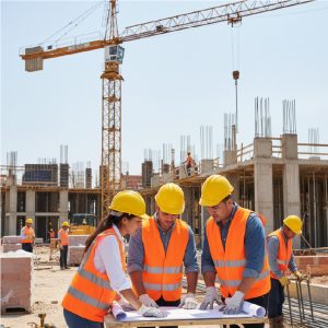 trabajadores de construcción en el sitio de trabajo con casco y equipo de protección