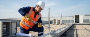 ingeniero instalando un sistema de protección contra descargas atmosféricas